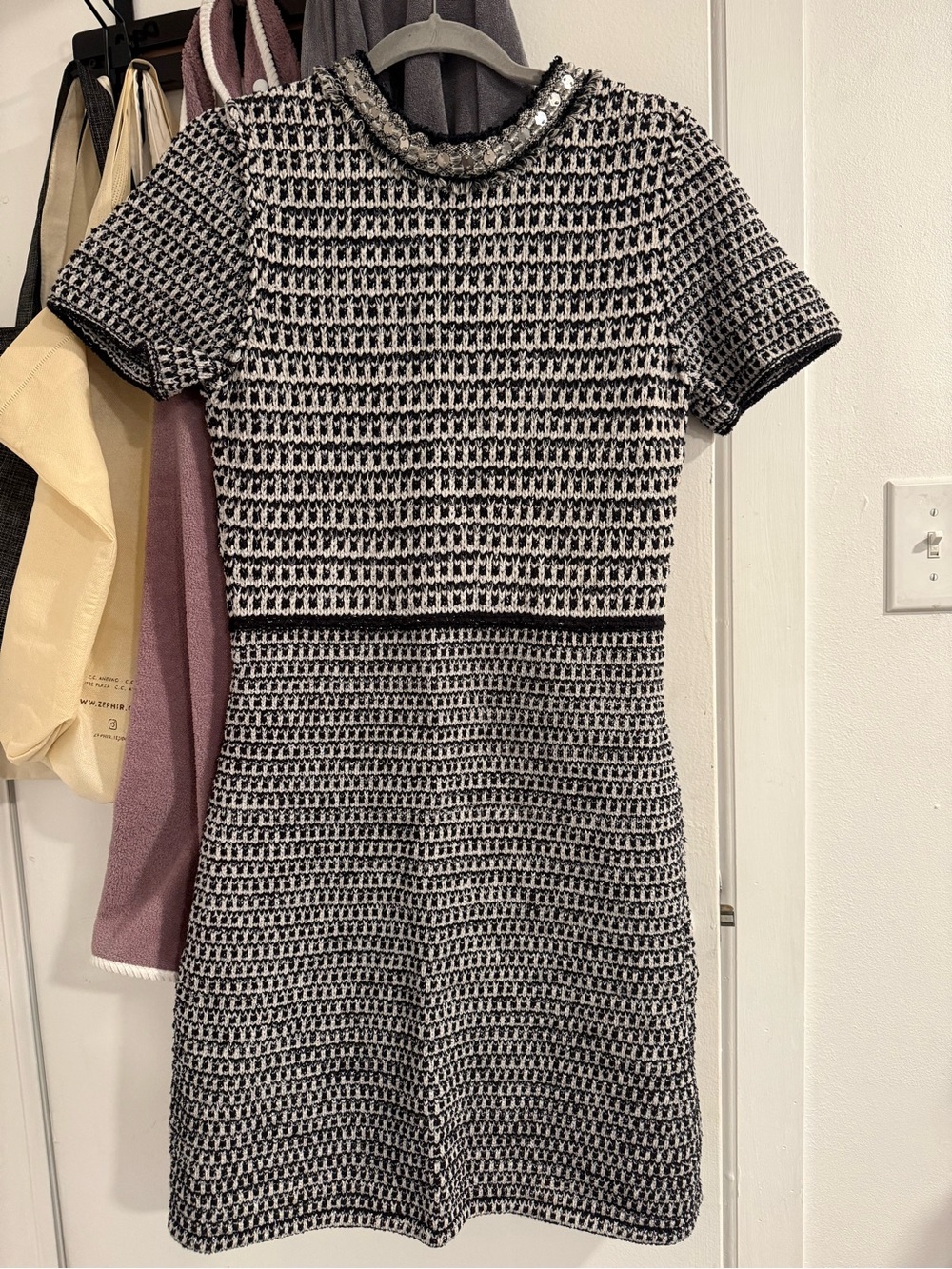 Tory Burch Black and White Knit Short Sleeve Dress with Embellished Collar
